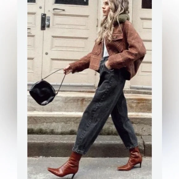 Vintage Funnel Neck Cropped Brown Plaid Jacket Coat - Picture 2 of 10